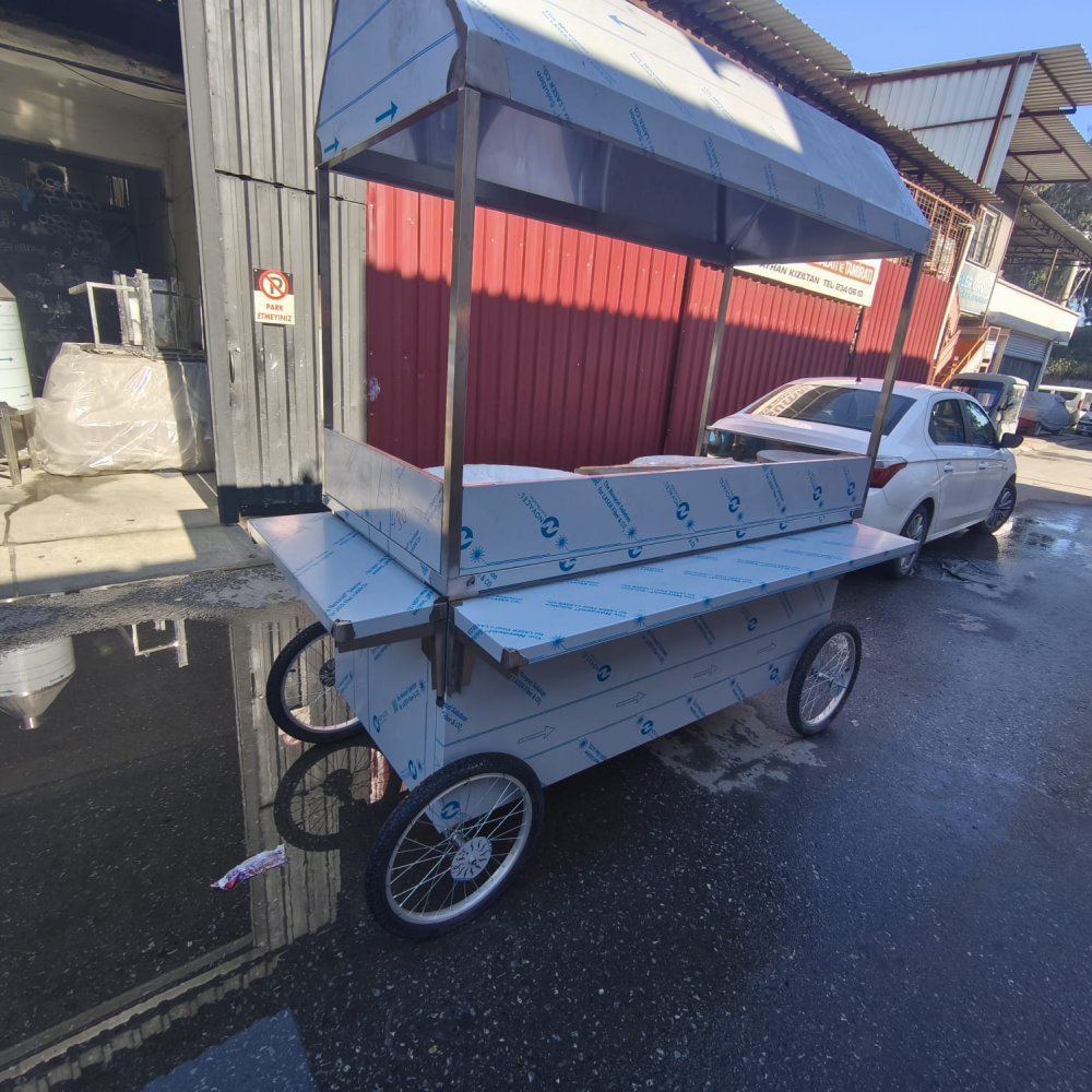 Çift Ocaklı Paslanmaz Seyyar Tantuni Tezgahı - Gölgelikli Model resimi