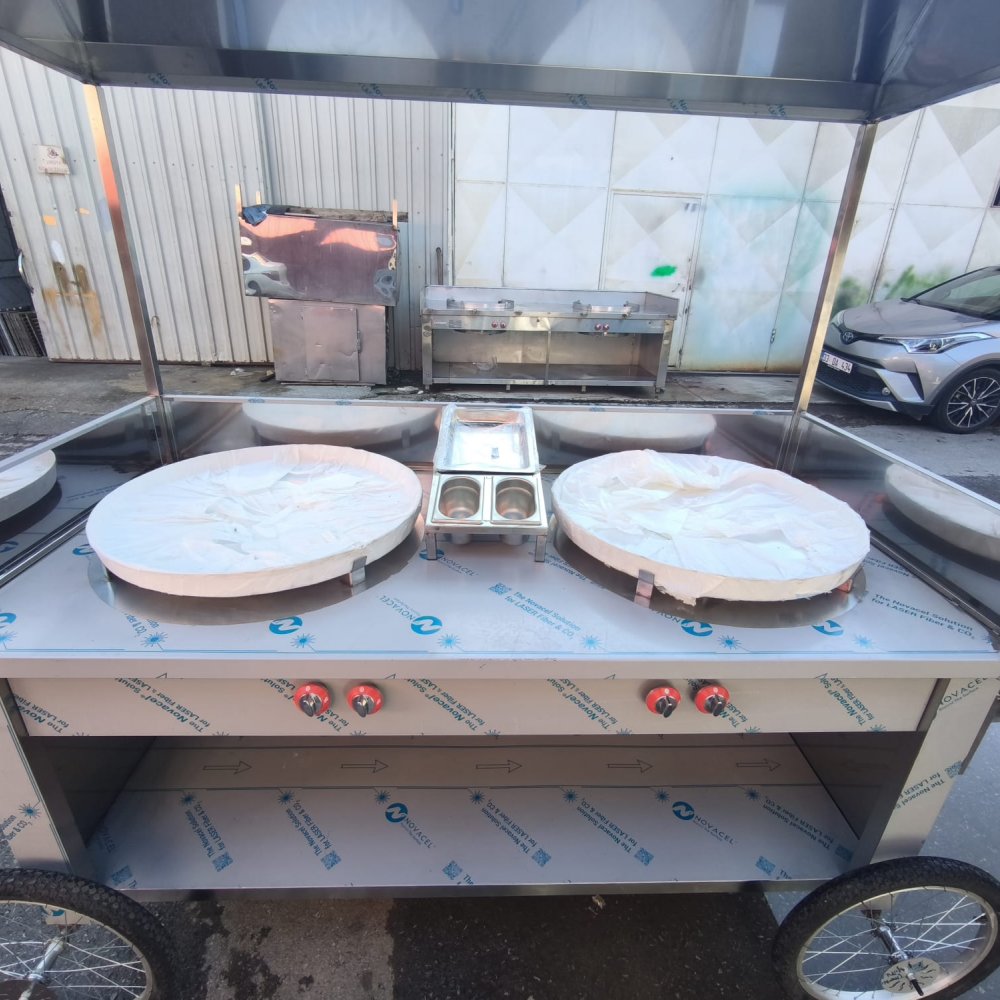 Çift Ocaklı Paslanmaz Seyyar Tantuni Tezgahı - Gölgelikli Model resimi