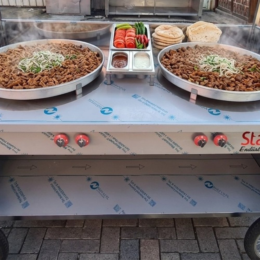 Çift Ocaklı Paslanmaz Seyyar Tantuni Tezgahı - Gölgelikli Model resimi